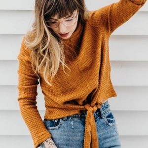 Revolve J.O.A Sweater Women's M Ginger Brown Tie Front Waffle Knit Cropped NWT